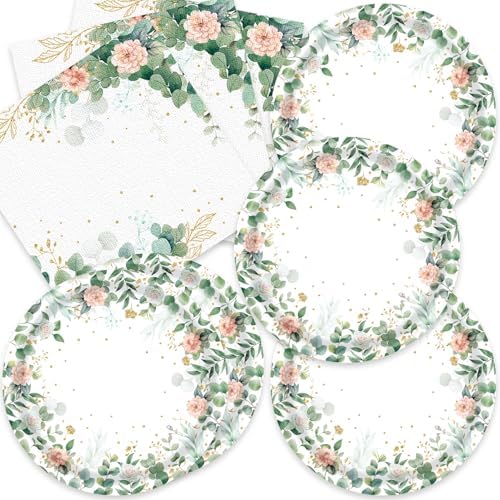 Sage Green Floral Paper Plates and Napkins Set 40Pcs
