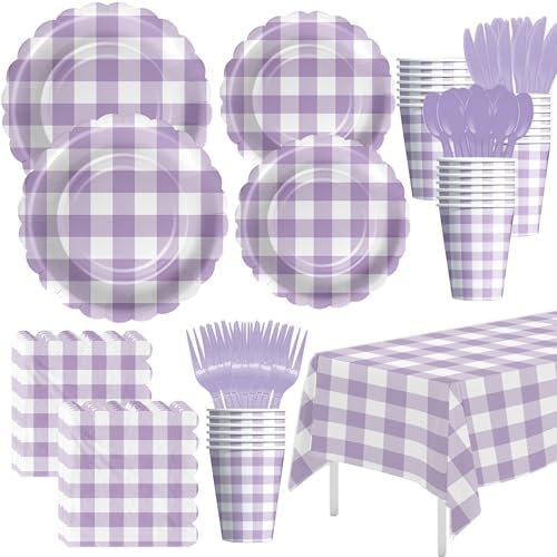 Light Purple Gingham Party Tableware Set for 24 Guests
