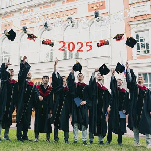 Congrats Grad 2025 Silver Red Glitter Banner
