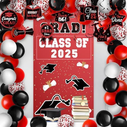 Red Graduation Party Decorations Set with Banners Balloons