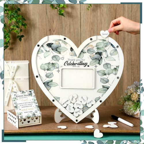 Wooden Guest Book Alternative with 100 Heart Wood Chips Eucalyptus Theme