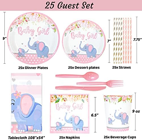 201 Pc Pink Elephant Baby Shower Decorations Set Serves 25