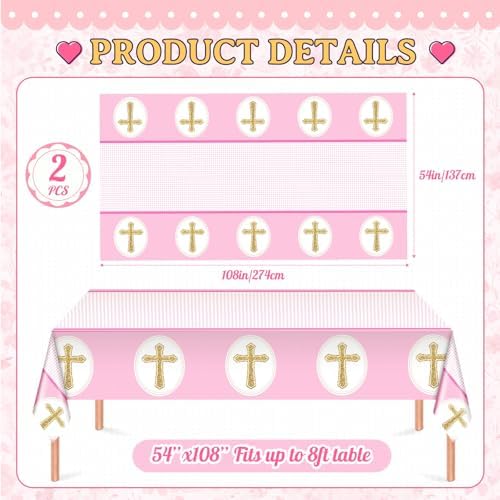 Oudain 2 Pcs Pink Cross Tablecloths for Baptism and First Communion