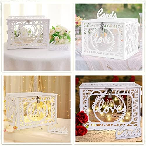 AerWo White PVC Card Box for Wedding with Lock and String Lights