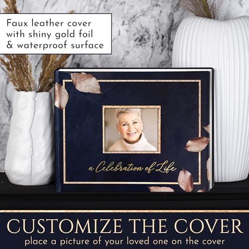 Elegant Funeral Guest Book with Photo Pocket and Rose Gold Design