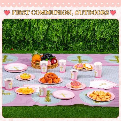 Oudain 2 Pcs Pink Cross Tablecloths for Baptism and First Communion