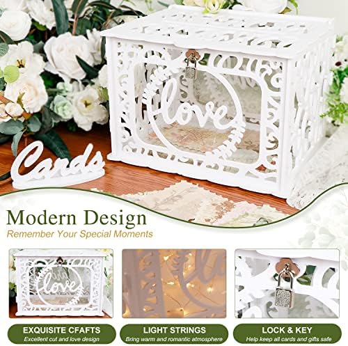 AerWo White PVC Card Box for Wedding with Lock and String Lights