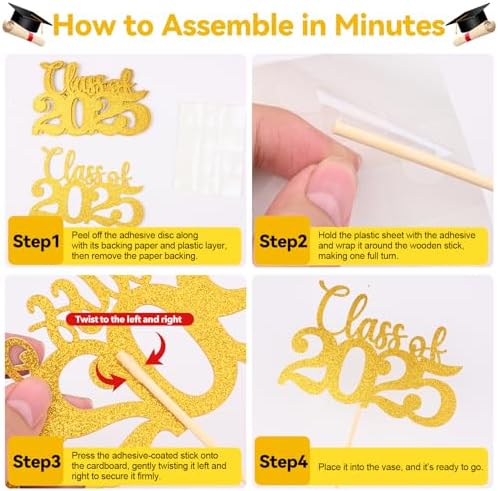 Class of 2025 Gold Glitter Centerpieces with Sticks
