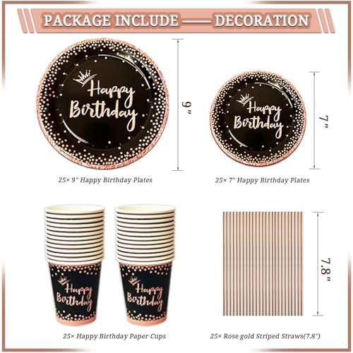 207 Pcs Rose Gold Black Birthday Decorations for Women