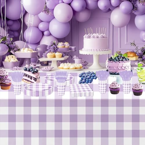 Light Purple Gingham Party Tableware Set for 24 Guests