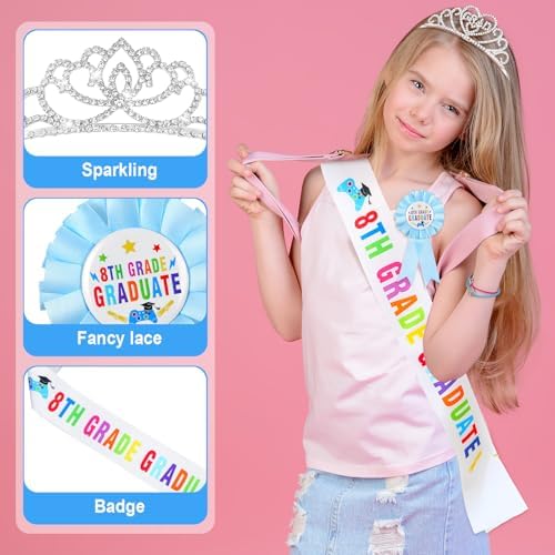 Misdary 8th Grade Graduation Sash and Crown Set