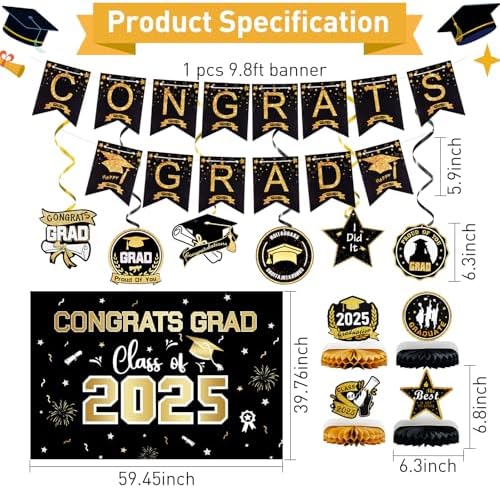 2025 Graduation Party Decorations Set - Black Gold