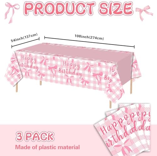 MAYSUN 3 Pcs Pink Bow Tablecloth for Birthday Parties