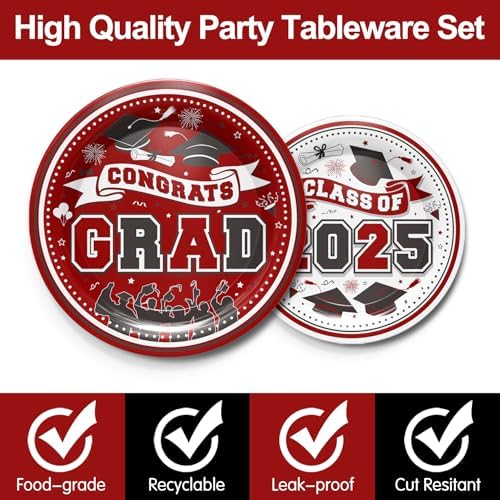 Maroon Graduation Party Tableware Set for 24 Guests 2025