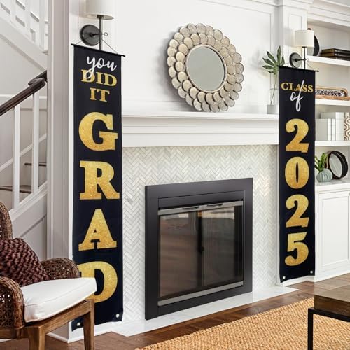 Class of 2025 Graduation Banner Black Gold Porch Sign
