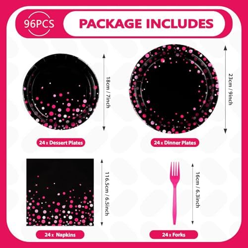 96 Pcs Hot Pink and Black Party Supplies Set