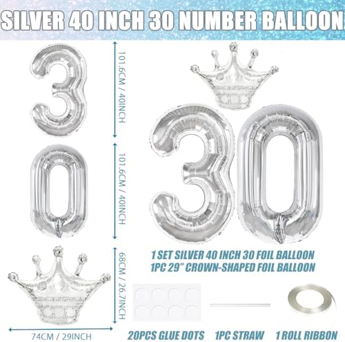 30 Silver Number Balloons 40 Inch 30th Anniversary Decorations
