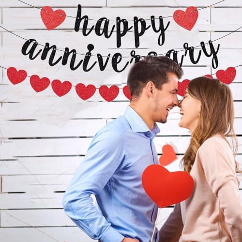 Zwiebeco Black Red Happy Anniversary Banner with Hearts