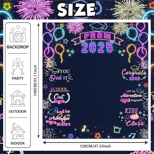 Neon Prom 2025 Banner Decorations for Graduation Party