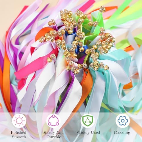 40Pcs Rainbow Ribbon Sticks with Bells for Parties