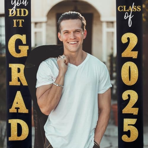 Class of 2025 Graduation Banner Black Gold Porch Sign