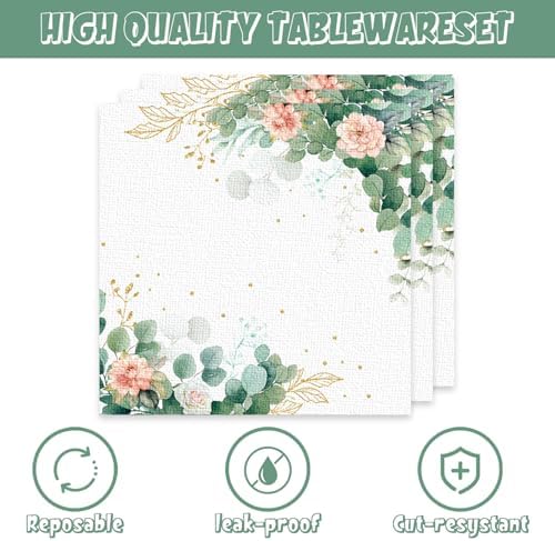Sage Green Floral Paper Plates and Napkins Set 40Pcs