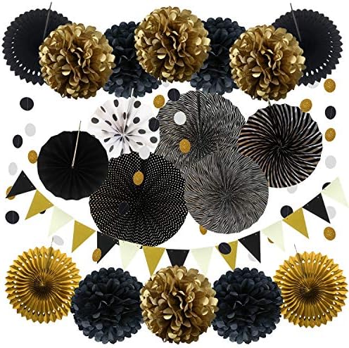 ZERODECO Black and Gold Party Decor Fans and Banners