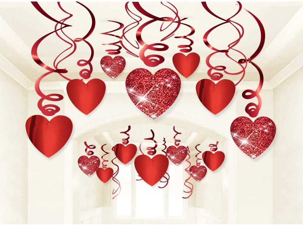 Valentines Day Glitter Heart Swirl Hanging Decorations 30 Ct