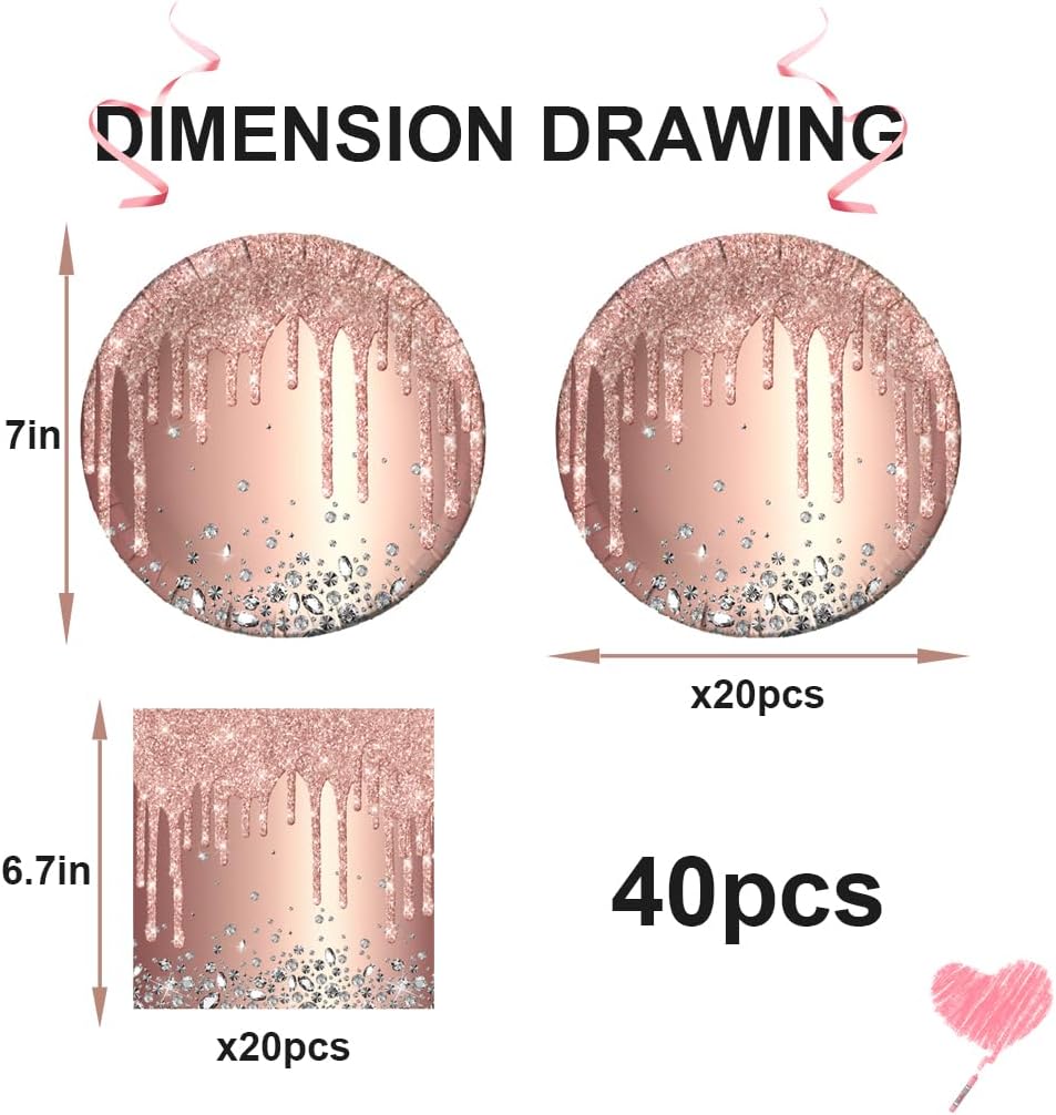 40pcs Pink Rose Golden Birthday Party Supplies Set