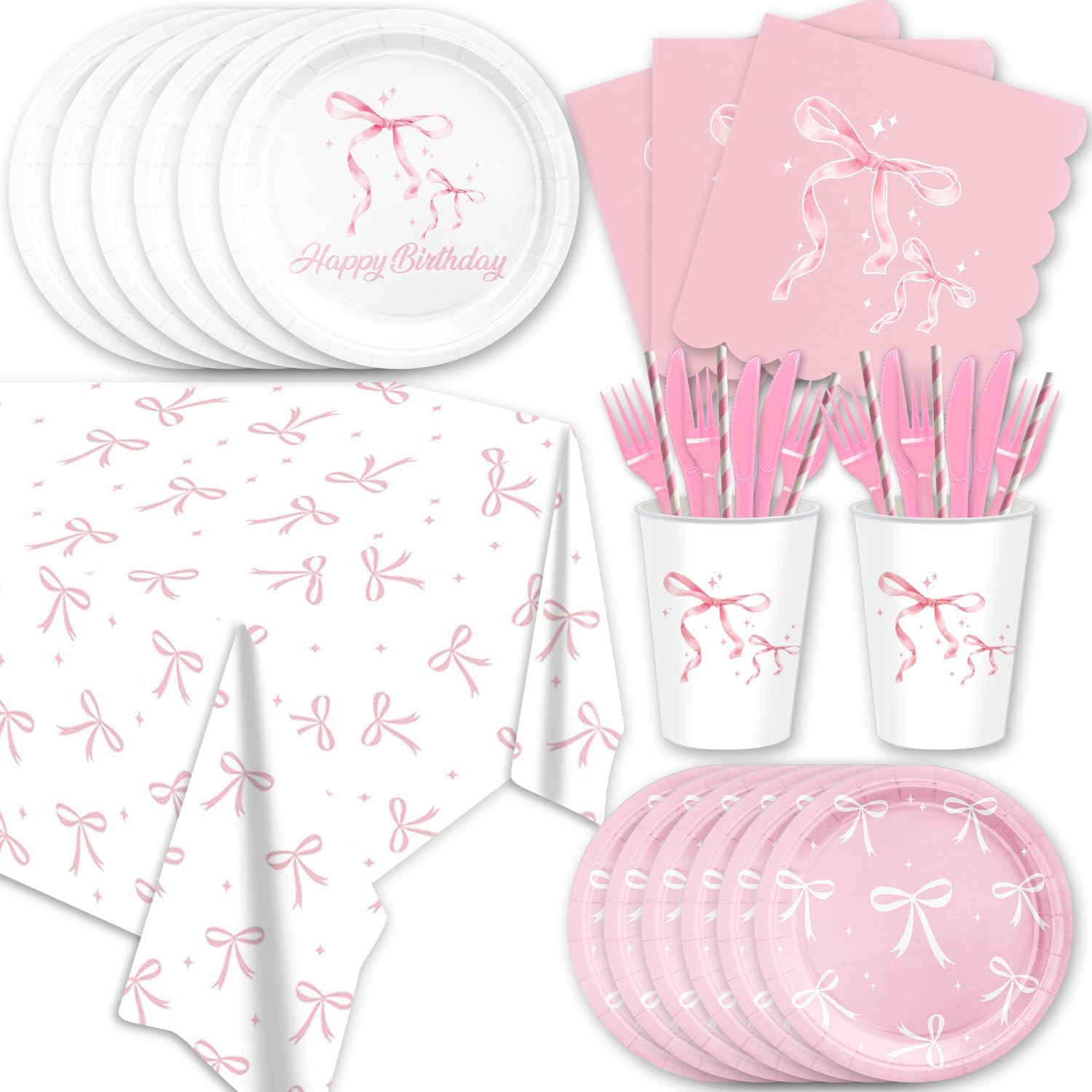 Pink and White Bow Party Tableware Set for 20 Guests
