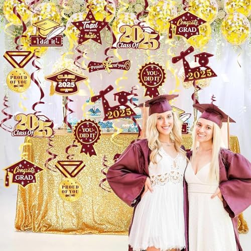 2025 Graduation Party Maroon Gold Decorations 30pcs