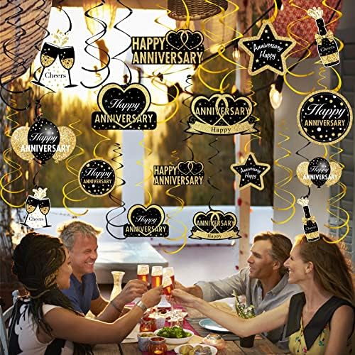 16Pcs Black Gold Happy Wedding Anniversary Hanging Swirls Decorations