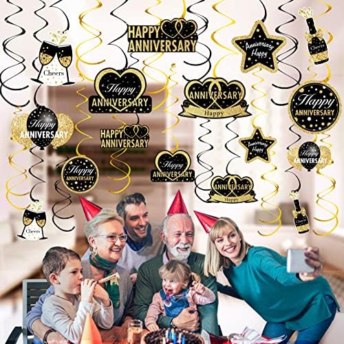 16Pcs Black Gold Happy Wedding Anniversary Hanging Swirls Decorations