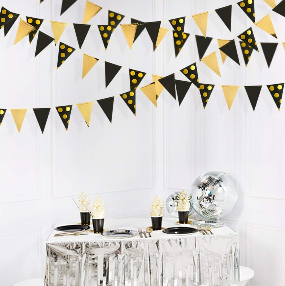 30 Ft Black Gold Triangle Pennant Banner Garland