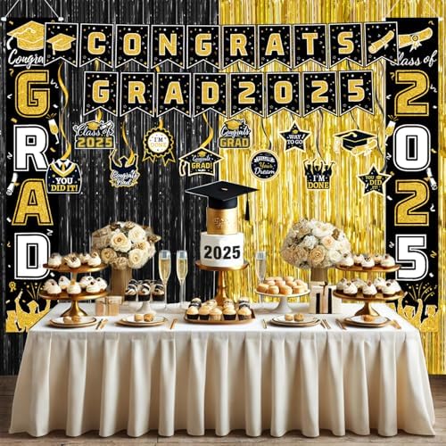 Class of 2025 Graduation Decorations Set Black Gold