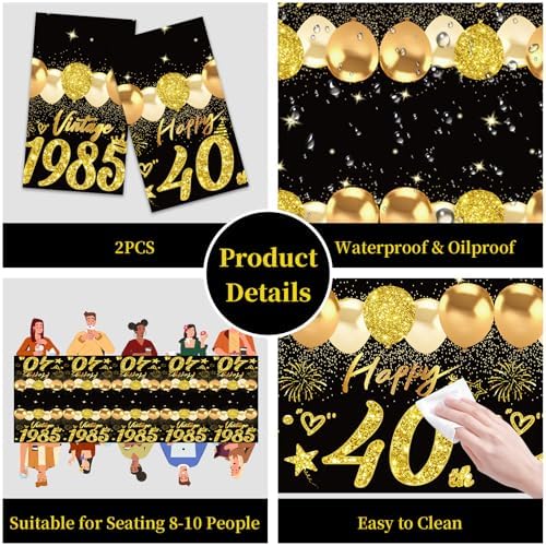 2pcs Black Gold 40th Birthday Tablecloth Decorations