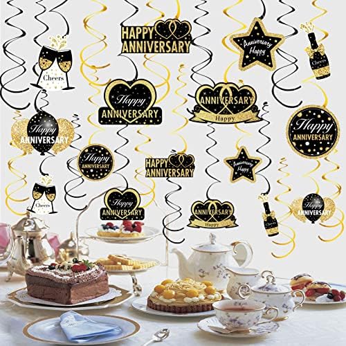 16Pcs Black Gold Happy Wedding Anniversary Hanging Swirls Decorations