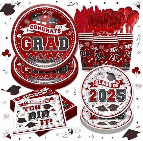 Maroon Graduation Party Tableware Set for 24 Guests 2025