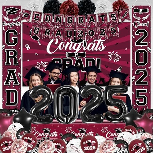Maroon Black Graduation Party Decorations 2025 Grad Supplies