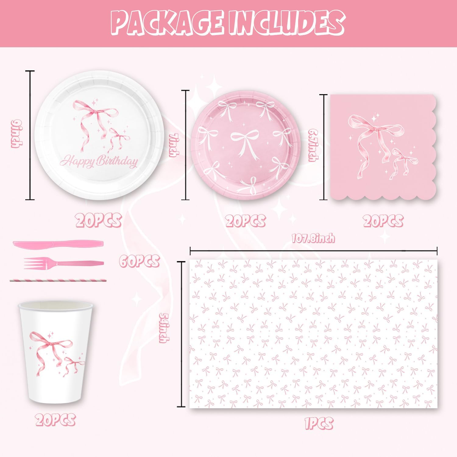 Pink and White Bow Party Tableware Set for 20 Guests