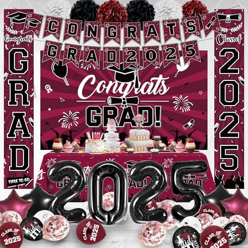 Maroon Black Graduation Party Decorations 2025 Grad Supplies