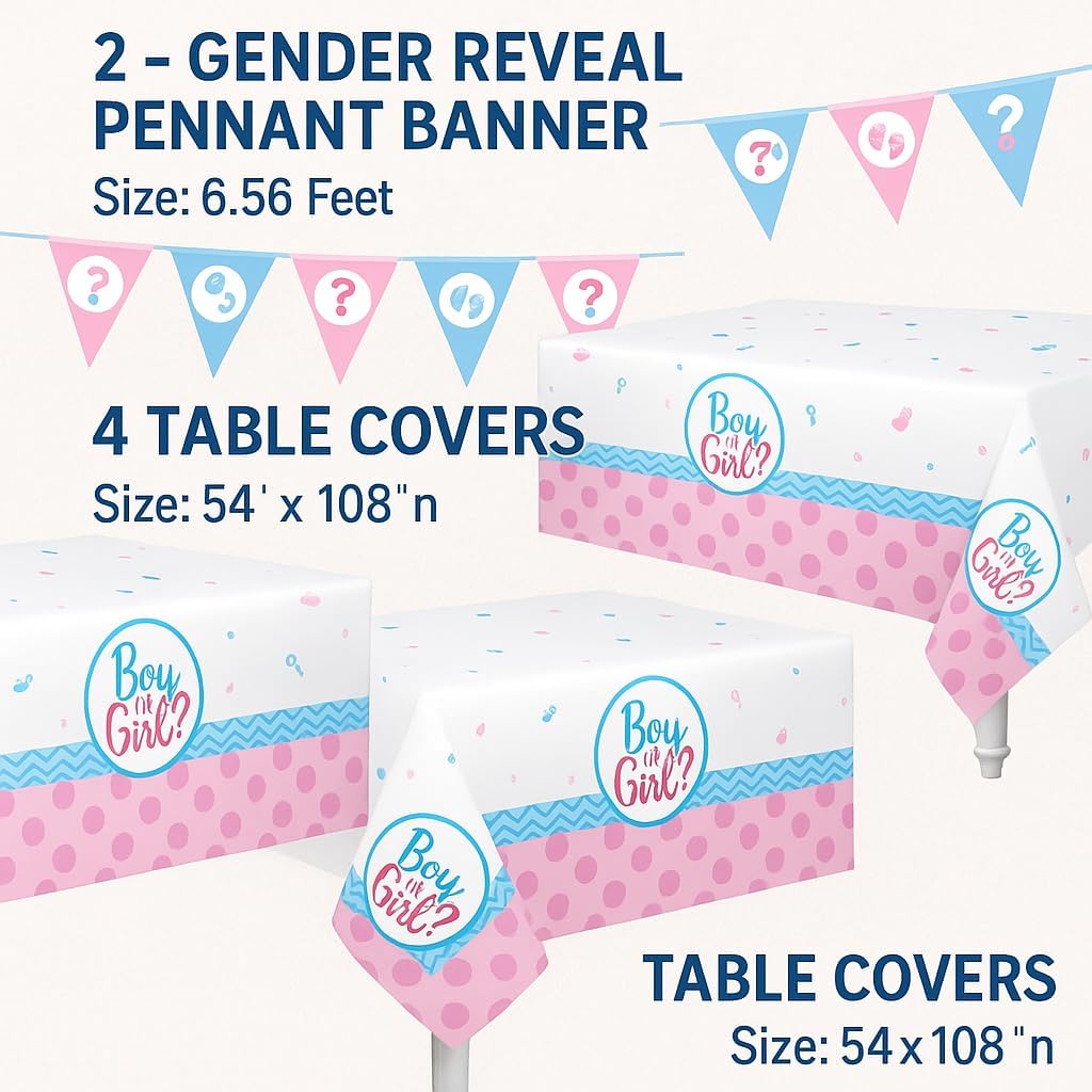 4 Pack Gender Reveal Table Covers with Pennant Banners