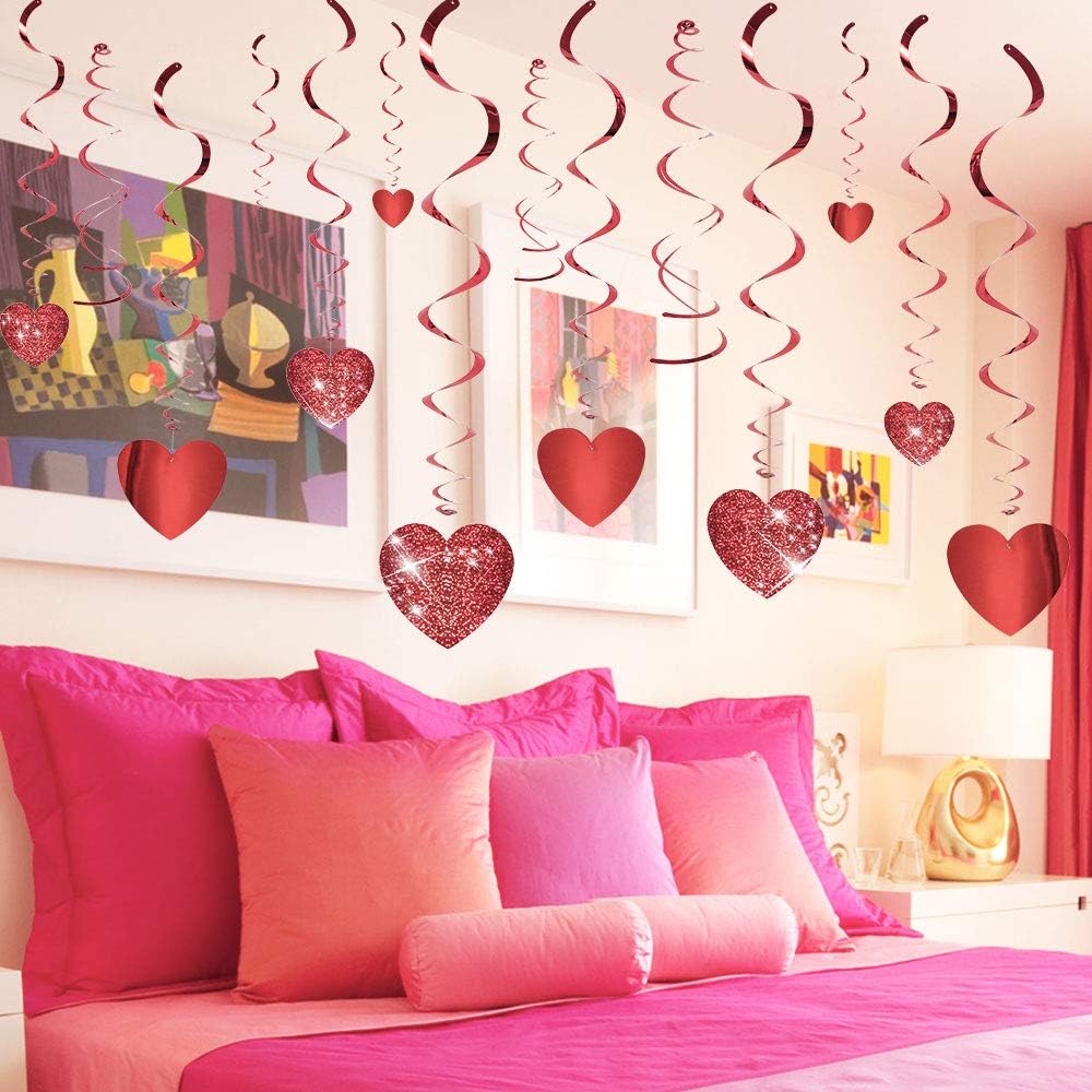 Valentines Day Glitter Heart Swirl Hanging Decorations 30 Ct