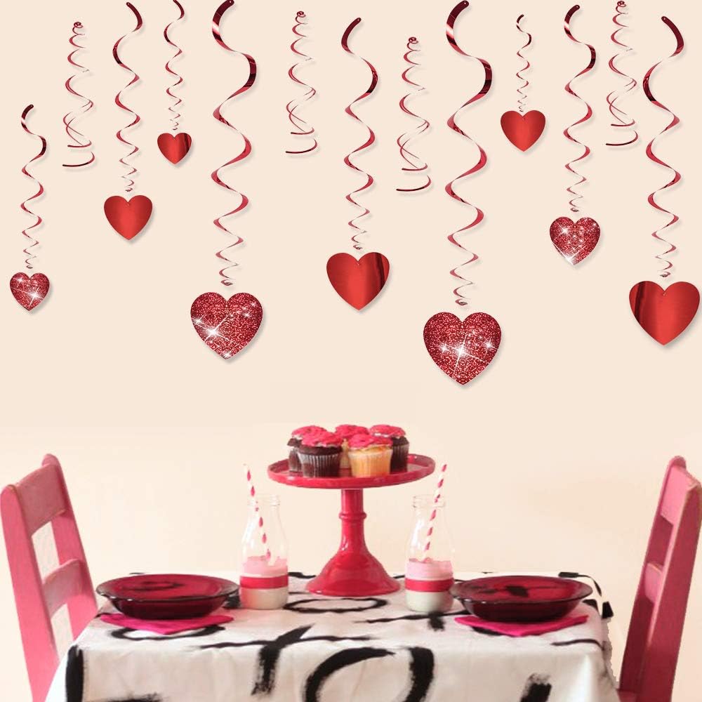 Valentines Day Glitter Heart Swirl Hanging Decorations 30 Ct