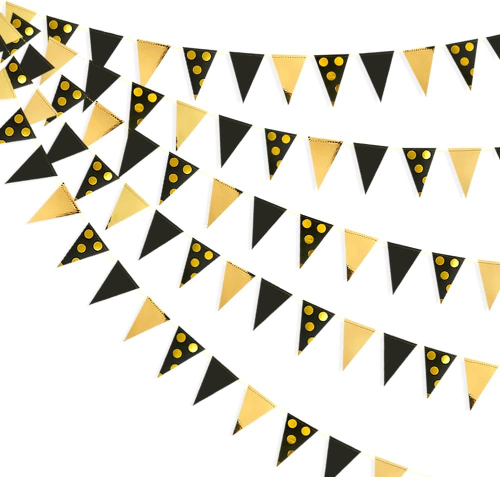 30 Ft Black Gold Triangle Pennant Banner Garland