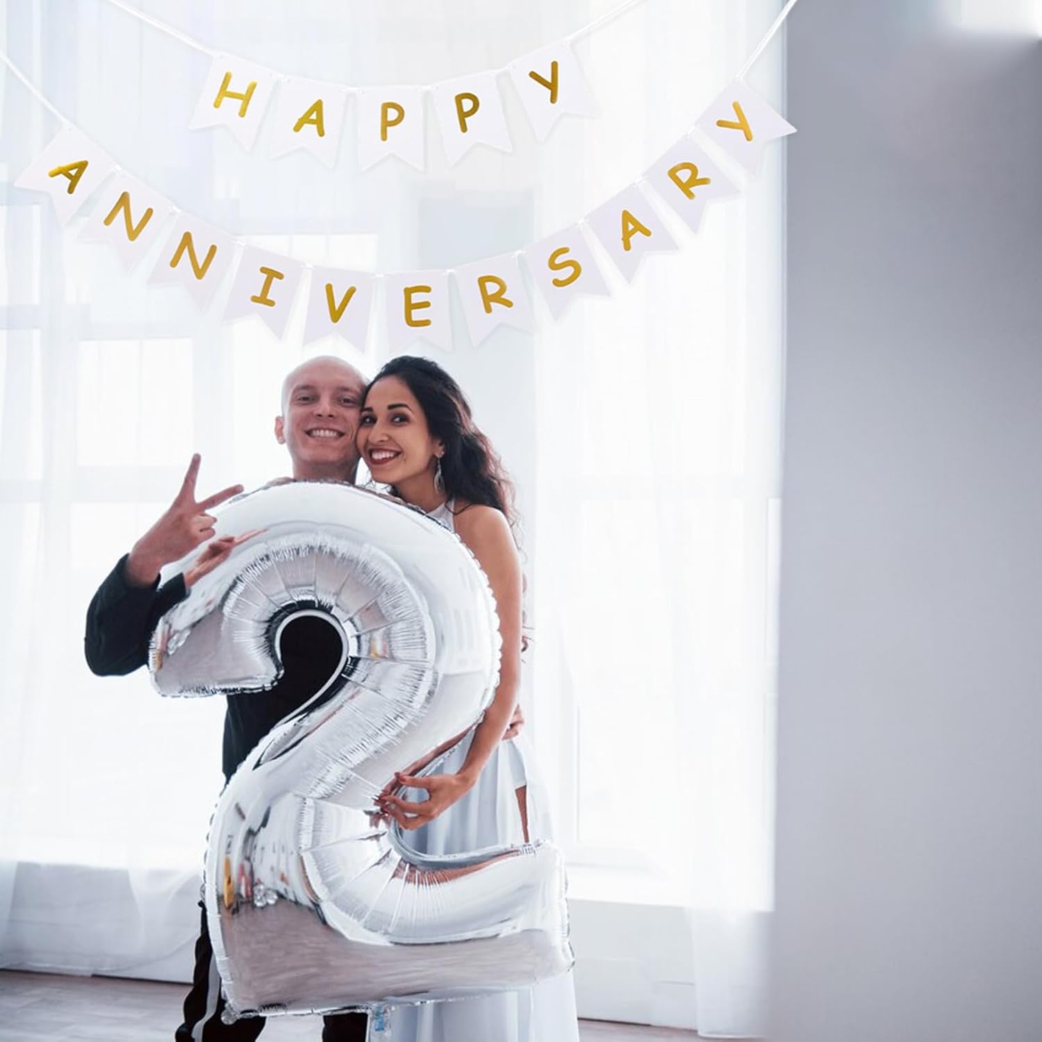 White Happy Anniversary Banner for Wedding Party Decoration