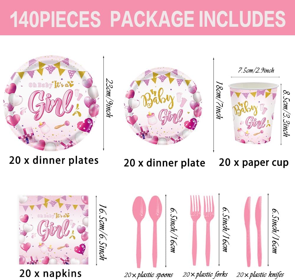 140 Pcs Baby Girl Party Decorations Plates Set Serves 20