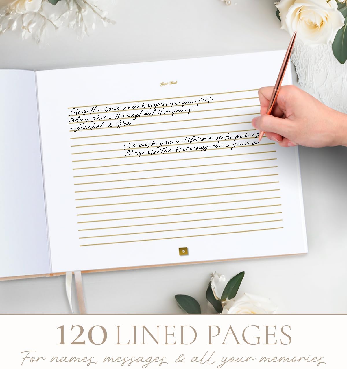 One Golden Elegant Wedding Guest Book with Pen