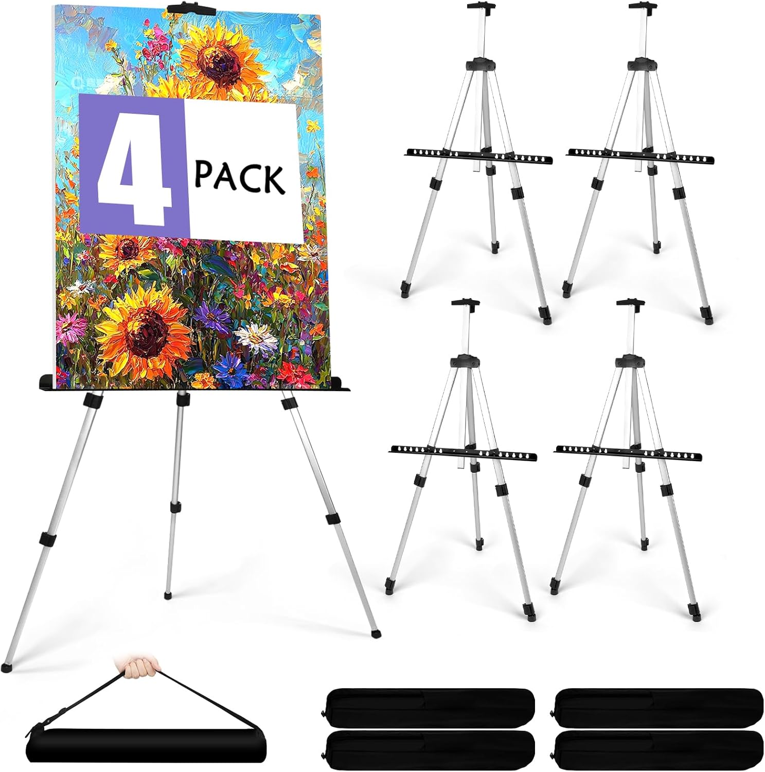 4 Pack Adjustable Portable Art Easel Stand with Carry Bag - Silver