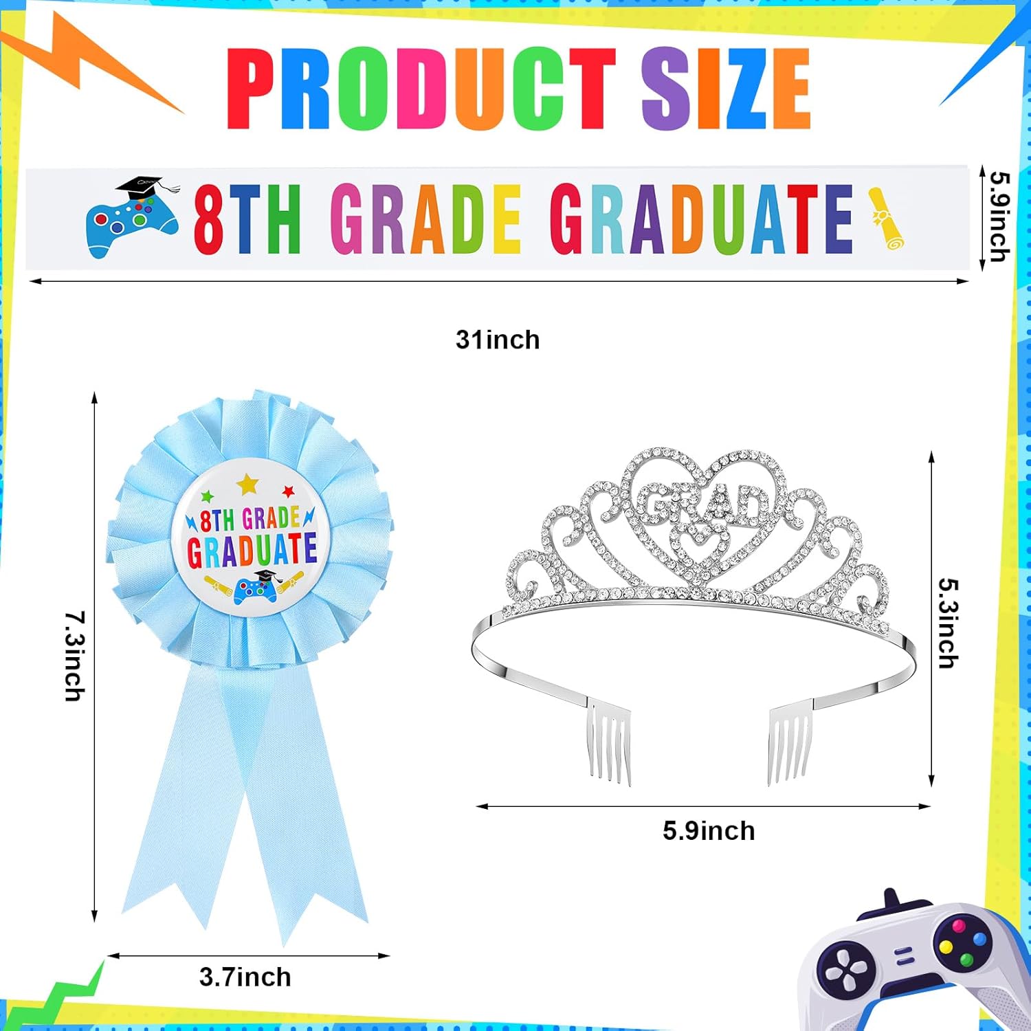 Misdary 8th Grade Graduation Sash and Crown Set